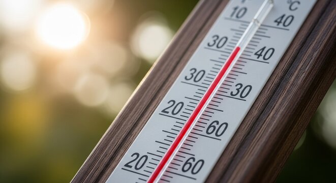 Close-up of a thermometer showing a high temperature in the sun with blurry background, indicating