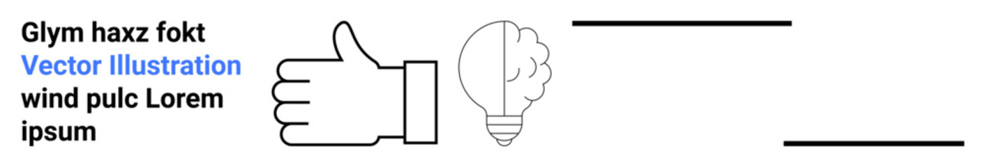 Innovation, ideas, creativity, teamwork, approval, brainstorming. A thumbs-up icon beside a brain-shaped light bulb with horizontal lines. Innovation and creativity concept © robu_s