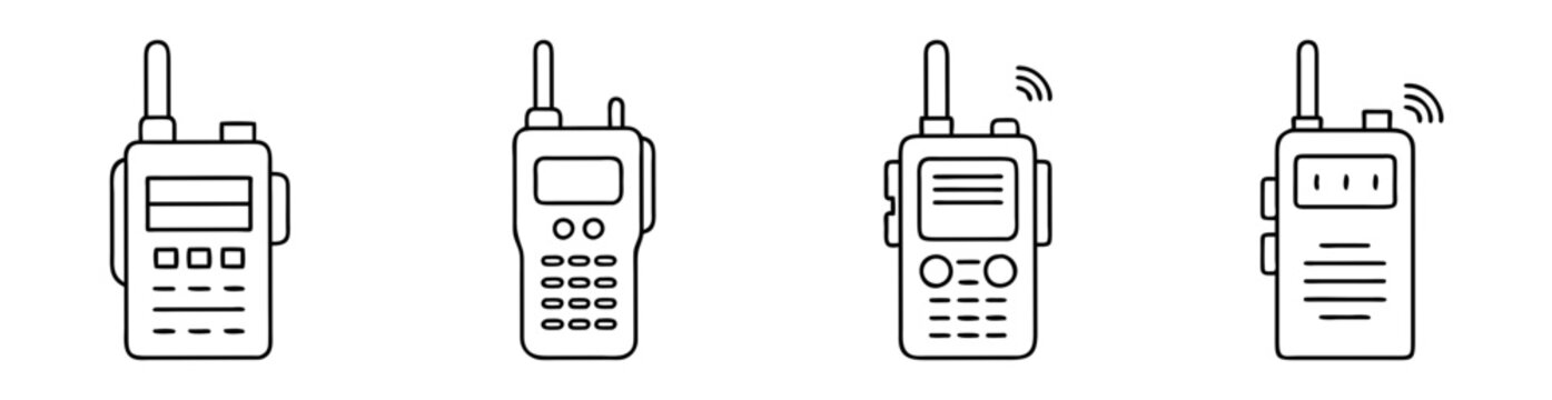 Line art illustration of four different handheld walkie talkie communication devices