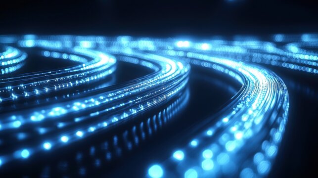 Macro optical cables cross-section revealing individual fiber strands different colored light beams purple green amber trails against black background