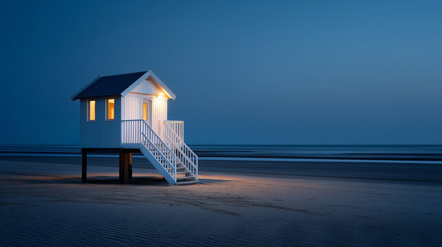 Empty minimalist lifeguard station at blue hour, glowing standby lights, Autonomous Coastal Watch, long rhythmic shadows on the perfectly raked sand, grandiose and silent mood, hig