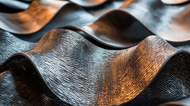Macro fiber paths metallic mesh fabric extreme magnification interwoven filaments curved perspective natural drape tension patterns flexible material surfaces