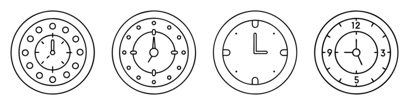Variety of retro style black and white analog clocks in a row