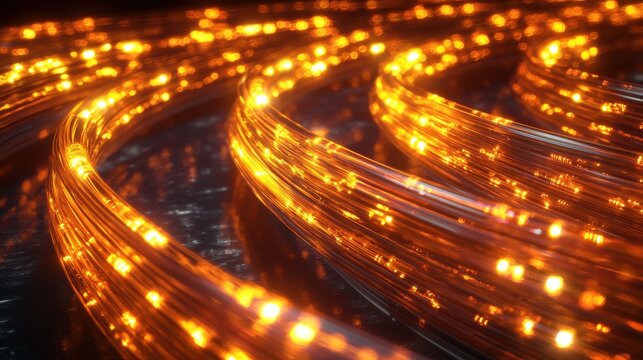 Curved cable macro fiber optic light trails orange yellow glowing cores flowing through transparent fibers bent graceful patterns