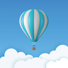 Obraz premium Vector Travel Banner with 3d Realistic White and Blue Hot Air Balloon Icon on a Blue Sky Background. Design Template, Summer Vacation, Travelling, Tourism and Journey Concept