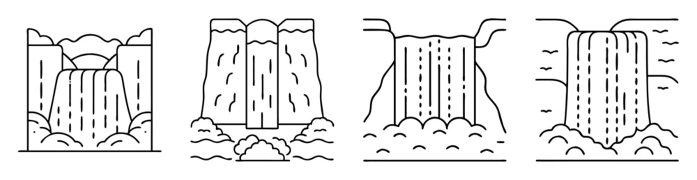 Four distinct waterfalls cascading into pools below, drawn in a simple line art style