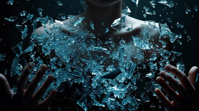 Conceptual image of emotional pain and anxiety with shattered glass emerging from human chest symbolizing inner trauma and vulnerability