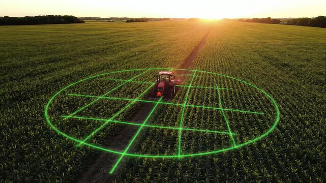 Precision Agriculture: A modern tractor navigates a meticulously planned field, its path guided by advanced technology. This scene embodies the intersection of agriculture, innovation.