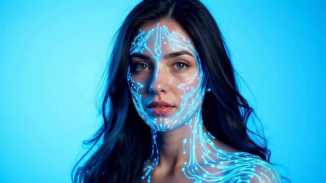 Woman with glowing circuit patterns on face