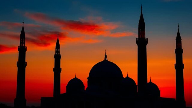 Silhouette of a mosque with minarets at sunset with orange sky