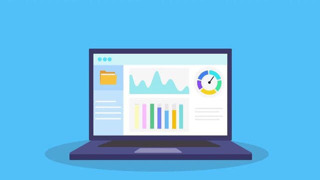 Flat animation of a laptop showing a cloud data dashboard with charts, analytics, and storage activity on a clean blue background.