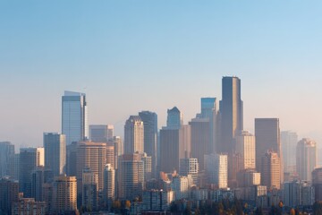 Fototapeta premium City skyline at golden hour high rise towers bathed in warm light with layered midrise buildings and soft atmospheric haze