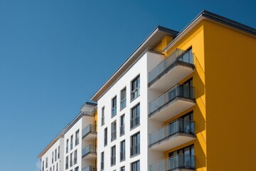 Obraz premium White and yellow modern apartment complex with glass balconies and clean lines under a vivid blue sky