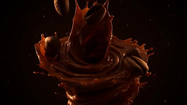 Coffee beans splashing in a dynamic brown liquid motion