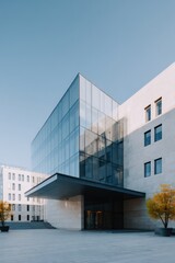 Obraz premium Glass cube atrium entrance of contemporary office complex with stone walls courtyard planters and soft morning light
