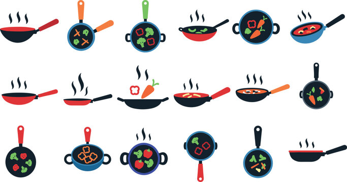 A collection of colorful cartoon frying pans with food on transparent background