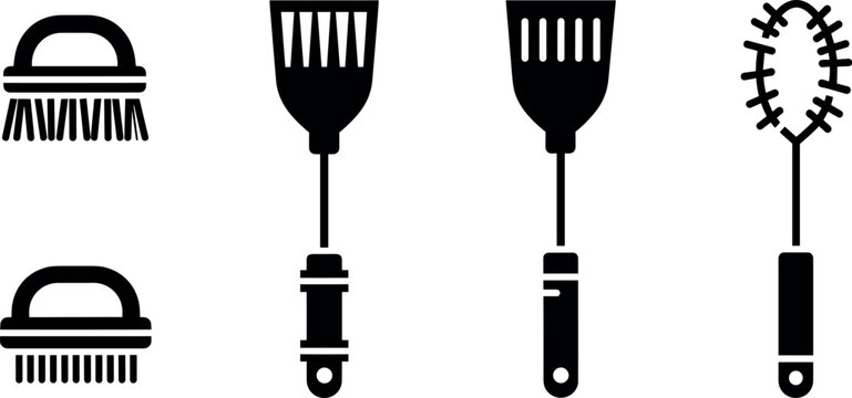 A set of black silhouettes of various garden brushes and tools on transparent background