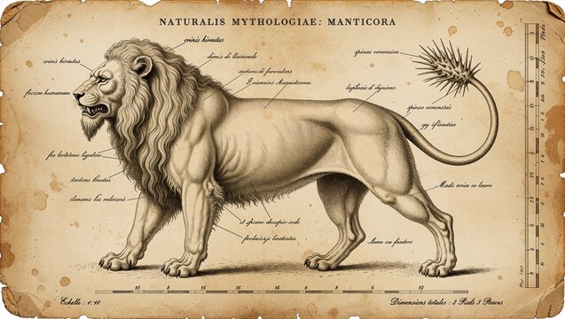 Cryptozoology codex illustration of mythical lion creature with anatomical details depicting vintage bestiary, legendary beast diagram and fantastical zoological encyclopedia reference on aged parchme