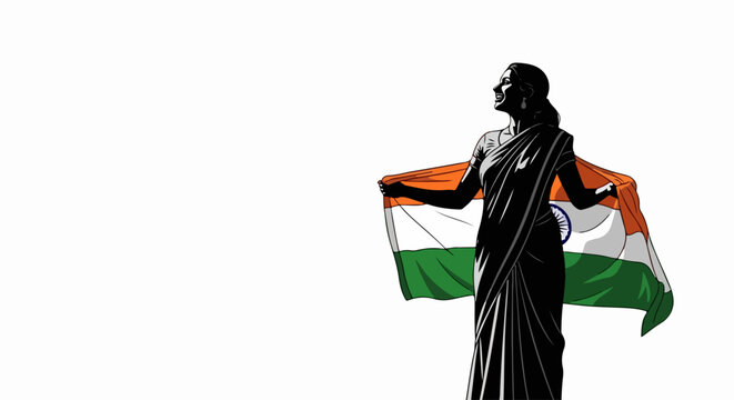 Silhouette of an Indian woman proudly displaying Indian flag, a symbol of national identity and patriotism. Traditional attire, sari, gracefully flows as she holds Indian flag with devotion,