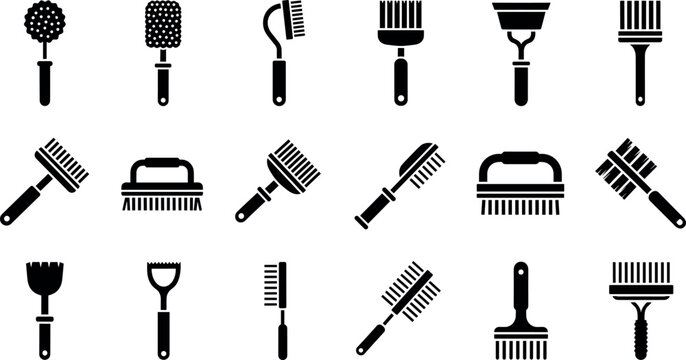 A collection of various black brushes and combs on transparent background