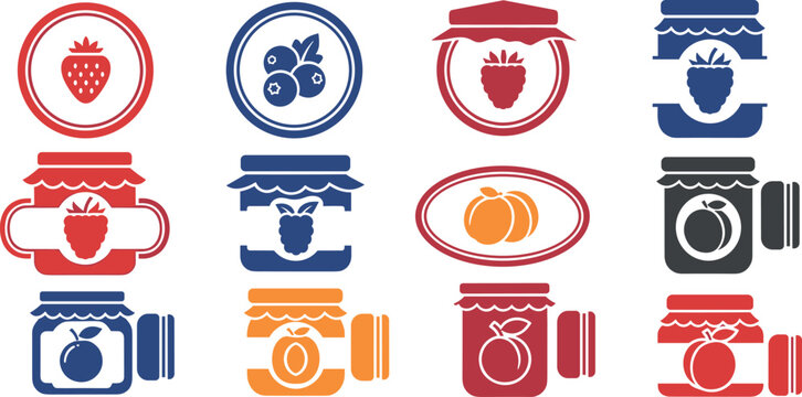 A collection of colorful jam jar icons on transparent background