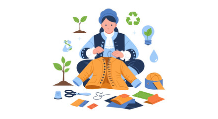 Obraz premium Sustainable Fashion & Upcycling: Craftsperson Sewing Eco-Friendly Clothing with Recycling & Nature Elements