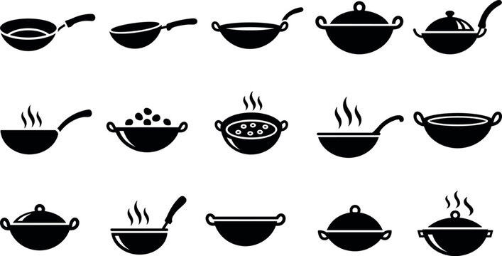 A collection of black cooking pot icons on transparent background