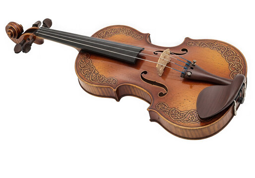 A finely crafted wooden violin resting on a reflective surface