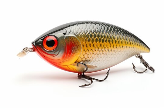Hard bait fishing lure with hooks and a vibrant fish pattern on a white background