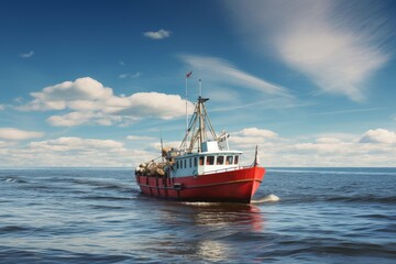 Obraz premium Red fishing boat travelling on ocean waves under a vibrant blue sky with white clouds