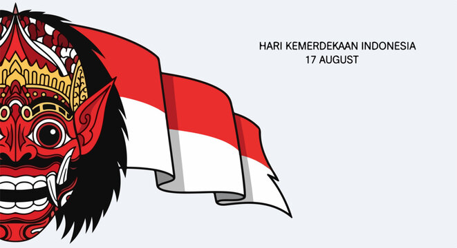 Indonesian Independence Day banner with traditional red mask and waving flag. Indonesian Independence Day celebration shows cultural elements and national pride.