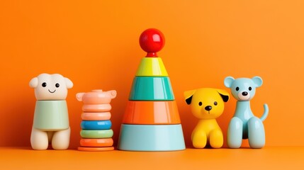 Obraz premium Colorful stacking toys and playful animals arranged on a bright orange background ideal for a children's playroom or educational setting