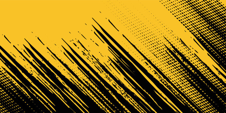 Black backdrop with dot halftone pattern element on yellow background. Grunge brush artistic