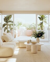 Fototapeta premium Stylish neutral living room featuring a cream sofa, marble coffee table, and large windows with potted plants creating a serene indoor atmosphere