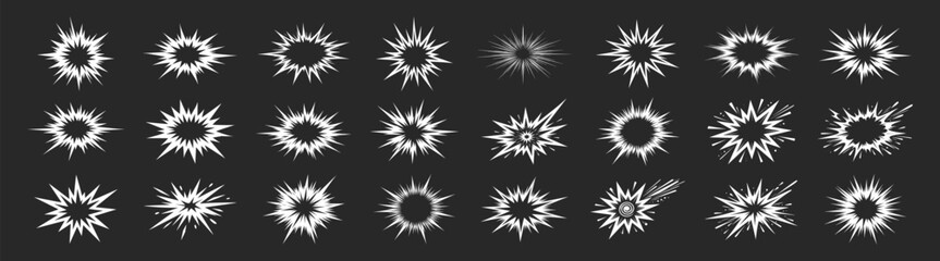 Explosion burst starburst set, comic sunburst shapes, radial line blast effects, dynamic cartoon energy symbols, outline vector elements isolated on black background © Ira