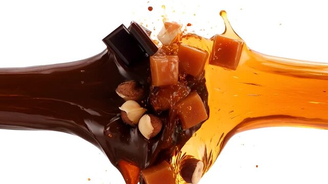 Chocolate and caramel sauce with nuts and candy on white background
