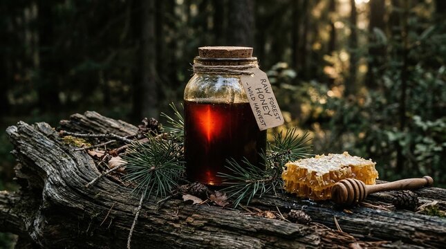 Raw forest honey jar with honeycomb and wooden dipper on old mossy log in deep woodland morning light