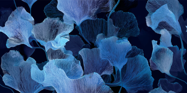 Abstract dark blue floral seamless pattern with elegant line art for luxury textiles and branding packaging.