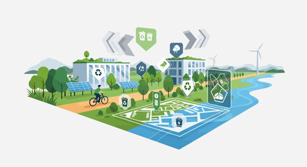Naklejka premium Sustainable Smart City with Green Energy Solutions and Eco-Friendly Urban Planning Illustration