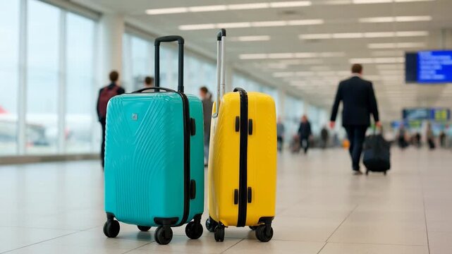 Two colorful suitcases on airport floor with people in background walking