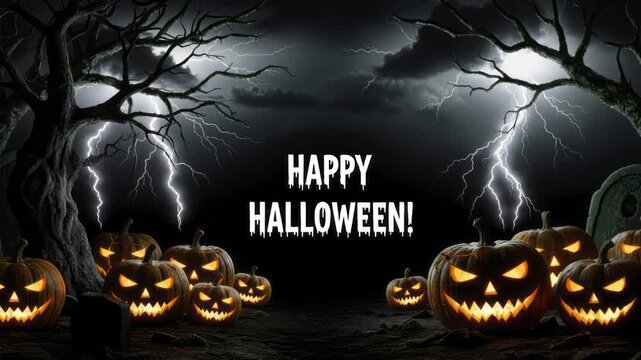 Happy halloween text surrounded by glowing carved pumpkins in a dark stormy forest, seasonal celebration, spooky mood, halloween.
