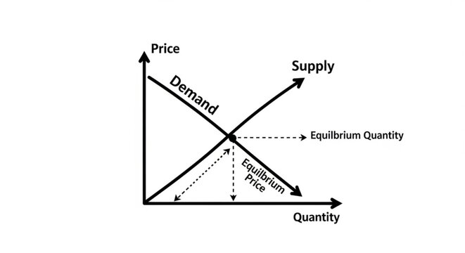 A vector graphic illustration of a supply and demand graph showing equilibrium price and quantity