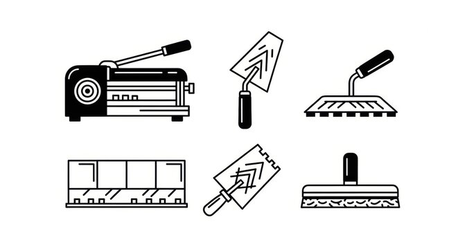 Essential vector set of tiling and masonry tools for construction and home renovation. Features a tile cutter, various trowels for mortar and grout, and a finishing float