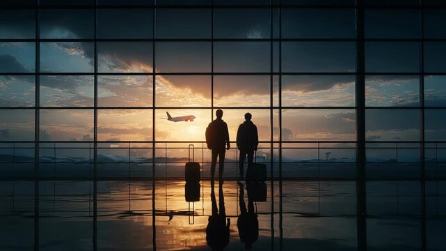 Cinematic airport terminal with two people watching plane takeoff during sunset