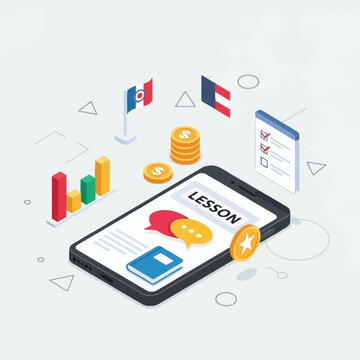 Isometric illustration of a smartphone with a language learning app, featuring flags, coins, and graphs.