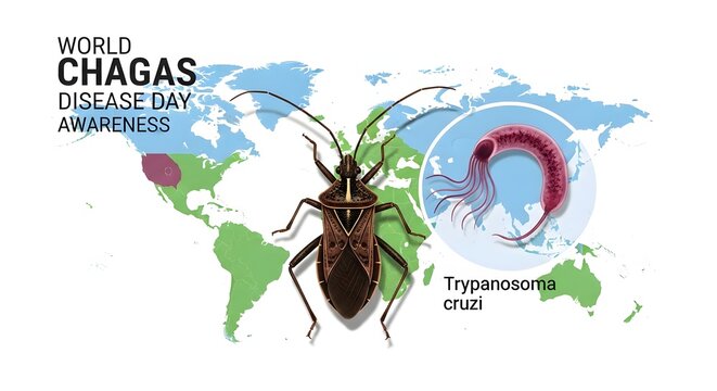 World chagas disease day awareness with a map and bug
