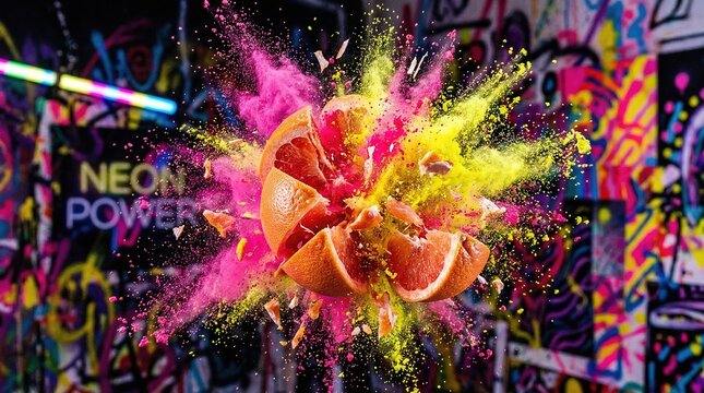 Grapefruit exploding with vibrant pink and yellow powder against colorful graffiti wall background art