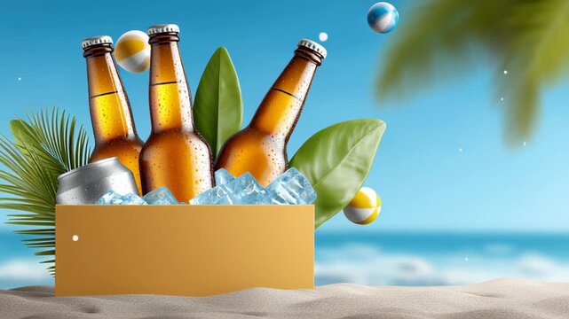 Three amber beer bottles and a can nestled in ice inside a yellow box on sandy beach with palm leaves and colorful beach balls in a sunny tropical setting