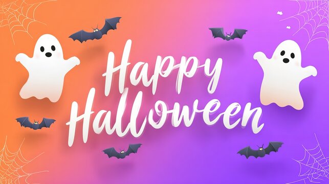 Happy Halloween banner with cute ghosts on purple background, festive spooky celebration, playful seasonal design, Halloween holiday spirit.