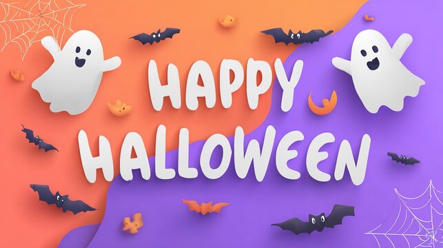 Happy Halloween banner with cute ghosts on purple background, festive spooky celebration, playful seasonal design, Halloween holiday spirit.